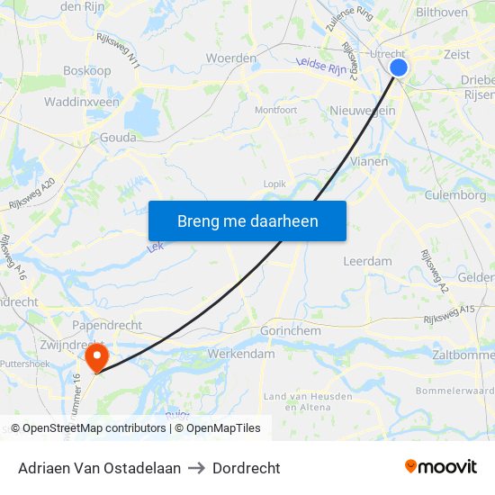 Adriaen Van Ostadelaan to Dordrecht map
