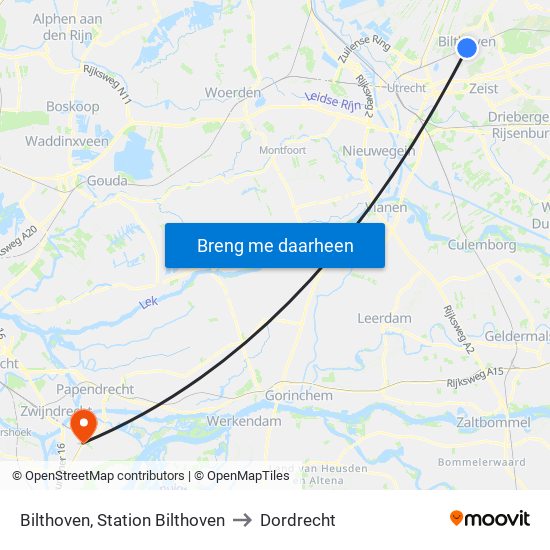 Bilthoven, Station Bilthoven to Dordrecht map