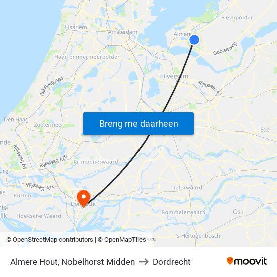 Almere Hout, Nobelhorst Midden to Dordrecht map