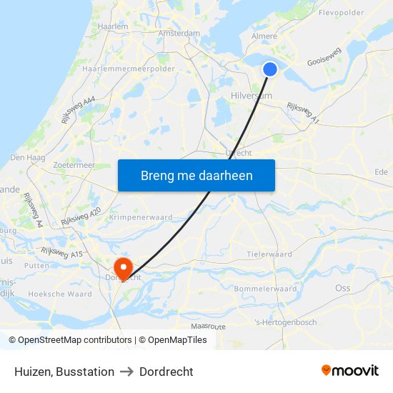 Huizen, Busstation to Dordrecht map