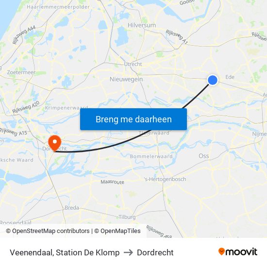 Veenendaal, Station De Klomp to Dordrecht map