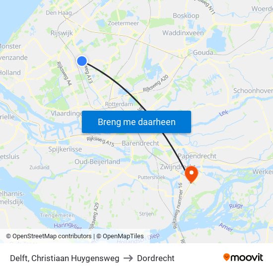 Delft, Christiaan Huygensweg to Dordrecht map