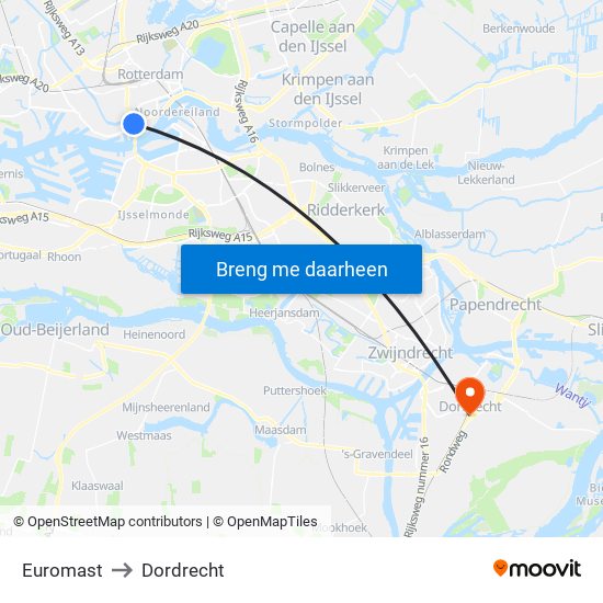 Euromast to Dordrecht map