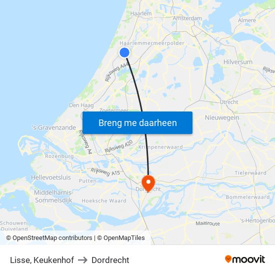 Lisse, Keukenhof to Dordrecht map