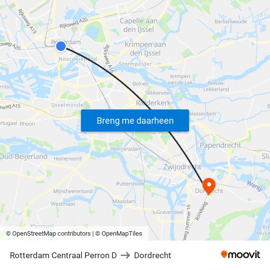 Rotterdam Centraal Perron D to Dordrecht map