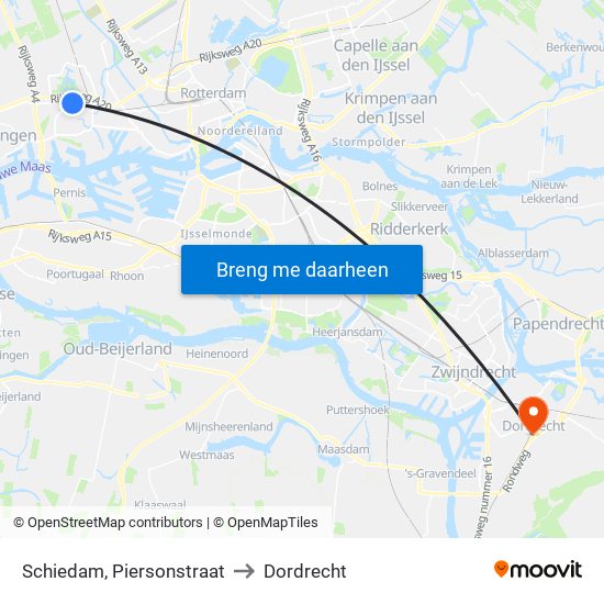 Schiedam, Piersonstraat to Dordrecht map