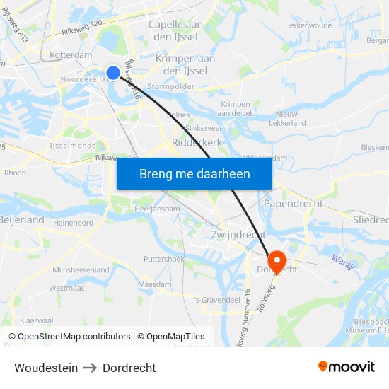 Woudestein to Dordrecht map