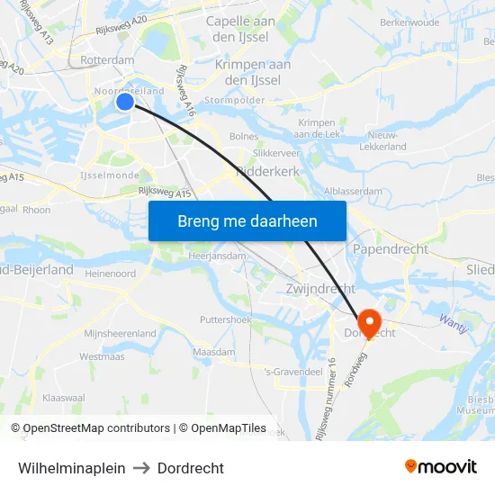 Wilhelminaplein to Dordrecht map