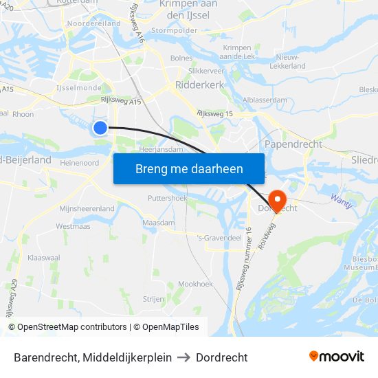 Barendrecht, Middeldijkerplein to Dordrecht map