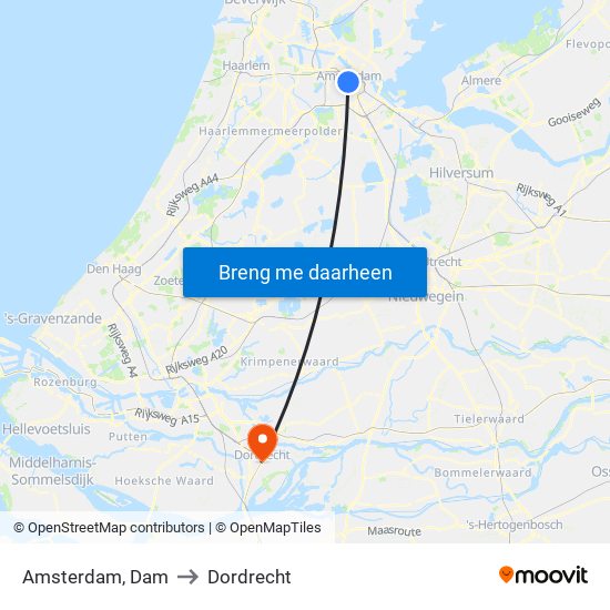 Amsterdam, Dam to Dordrecht map