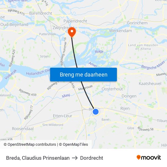 Breda, Claudius Prinsenlaan to Dordrecht map