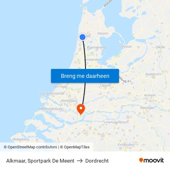 Alkmaar, Sportpark De Meent to Dordrecht map