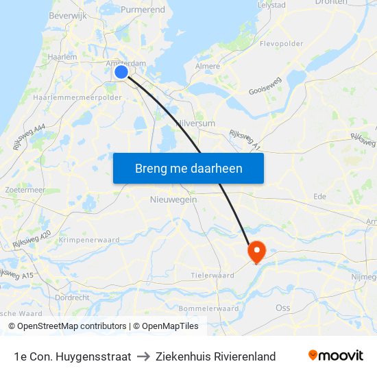 1e Con. Huygensstraat to Ziekenhuis Rivierenland map