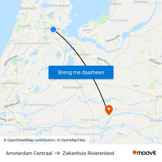 Amsterdam Centraal to Ziekenhuis Rivierenland map