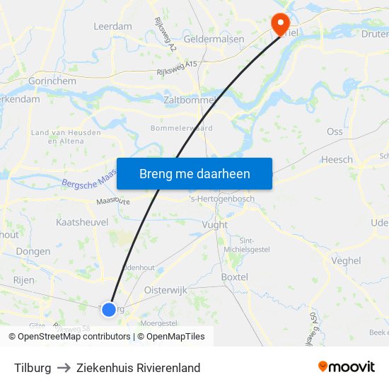 Tilburg to Ziekenhuis Rivierenland map