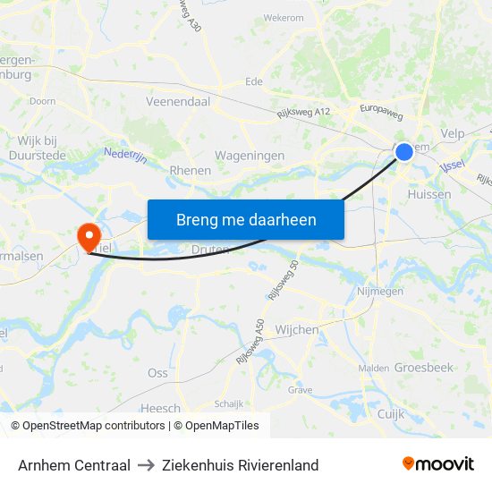 Arnhem Centraal to Ziekenhuis Rivierenland map