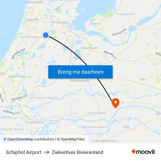 Schiphol Airport to Ziekenhuis Rivierenland map
