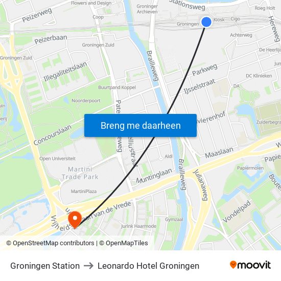 Groningen Station to Leonardo Hotel Groningen map