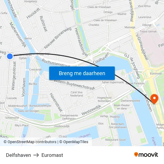 Delfshaven to Euromast map