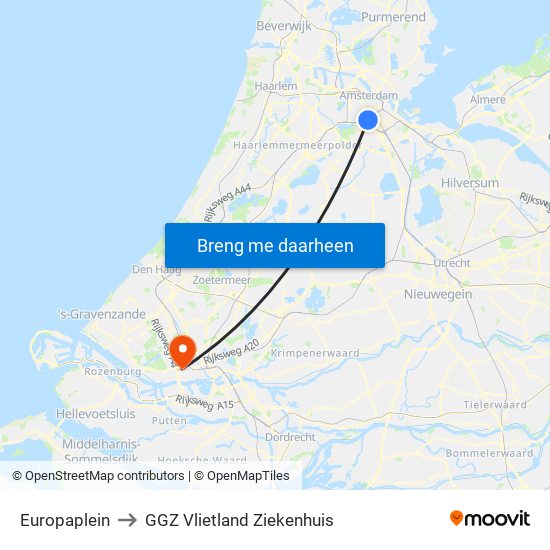 Europaplein to GGZ Vlietland Ziekenhuis map