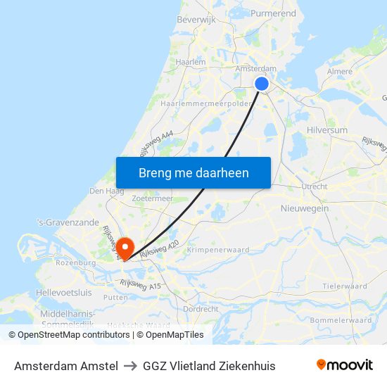Amsterdam Amstel to GGZ Vlietland Ziekenhuis map