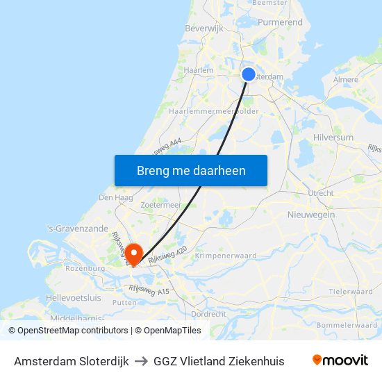 Amsterdam Sloterdijk to GGZ Vlietland Ziekenhuis map