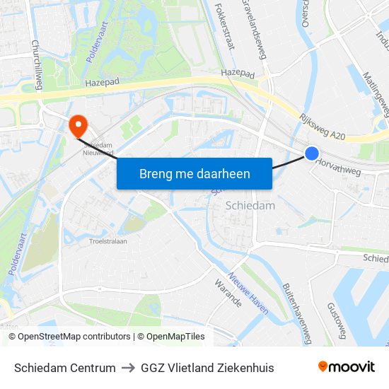 Schiedam Centrum to GGZ Vlietland Ziekenhuis map