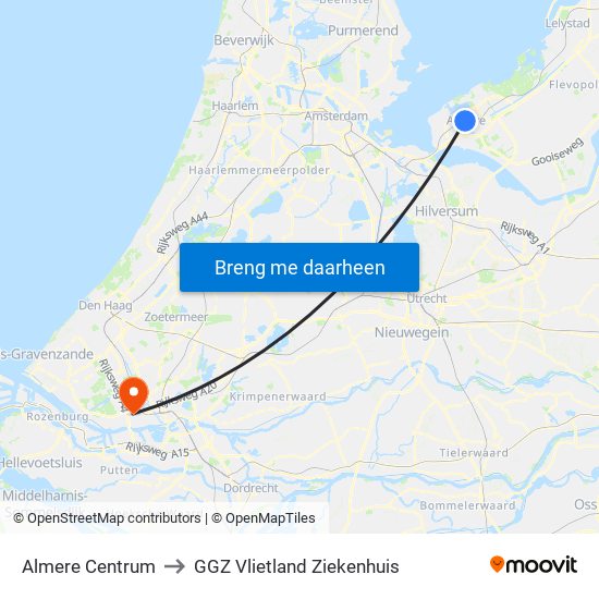 Almere Centrum to GGZ Vlietland Ziekenhuis map