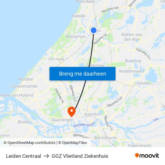 Leiden Centraal to GGZ Vlietland Ziekenhuis map