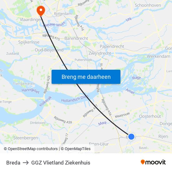 Breda to GGZ Vlietland Ziekenhuis map