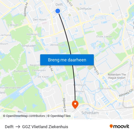 Delft to GGZ Vlietland Ziekenhuis map