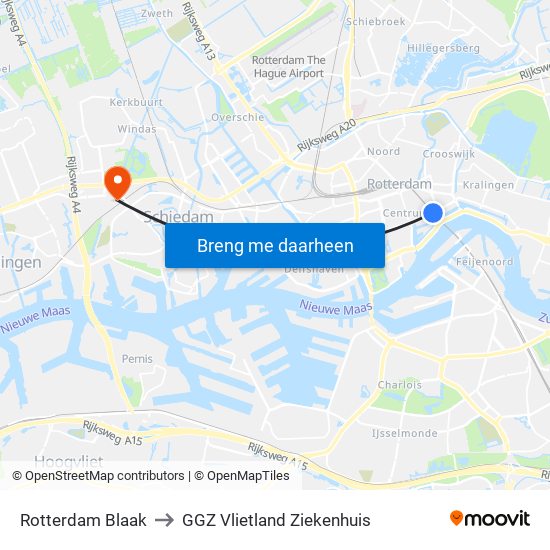 Rotterdam Blaak to GGZ Vlietland Ziekenhuis map