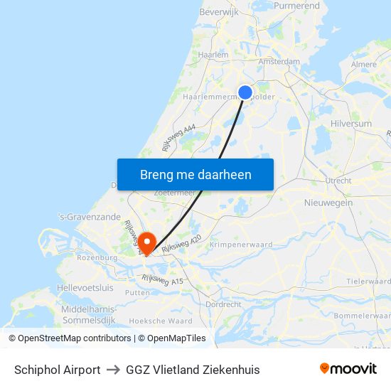 Schiphol Airport to GGZ Vlietland Ziekenhuis map