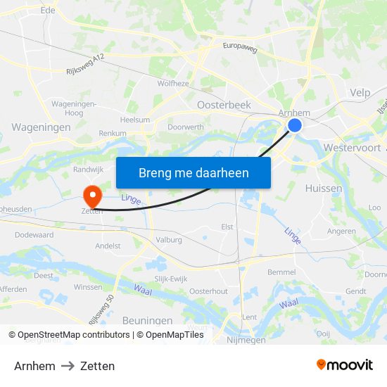 Arnhem to Zetten map