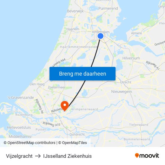 Vijzelgracht to IJsselland Ziekenhuis map