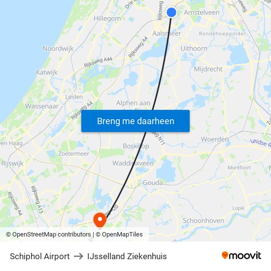 Schiphol Airport to IJsselland Ziekenhuis map