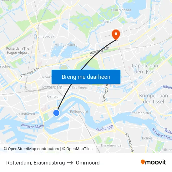 Rotterdam, Erasmusbrug to Ommoord map