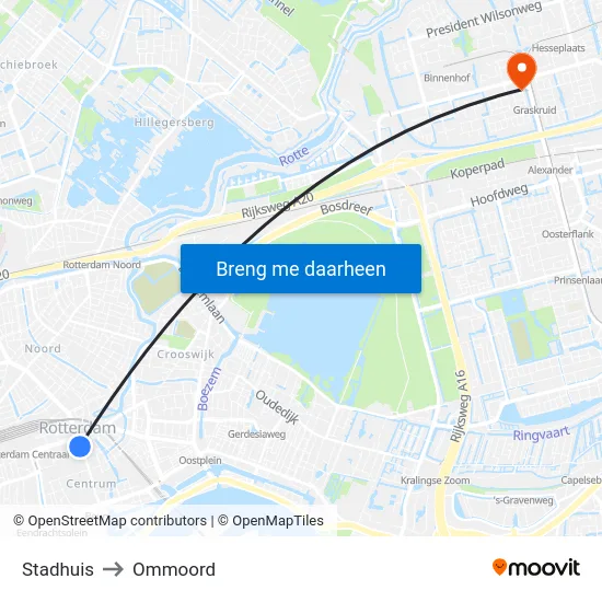 Stadhuis to Ommoord map