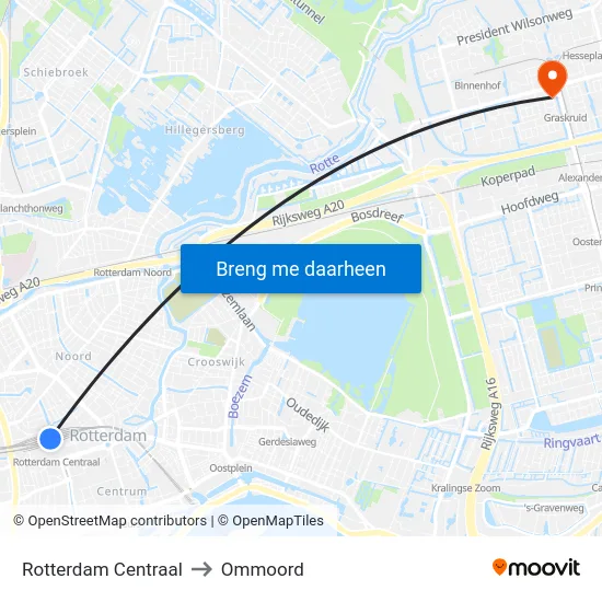 Rotterdam Centraal to Ommoord map