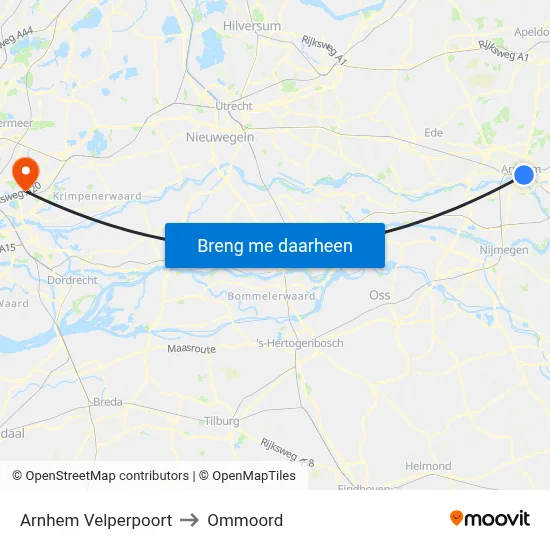 Arnhem Velperpoort to Ommoord map