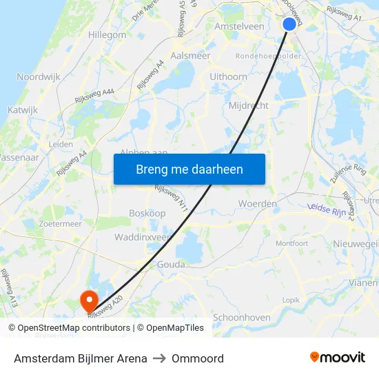 Amsterdam Bijlmer Arena to Ommoord map