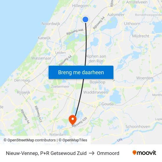 Nieuw-Vennep, P+R Getsewoud Zuid to Ommoord map