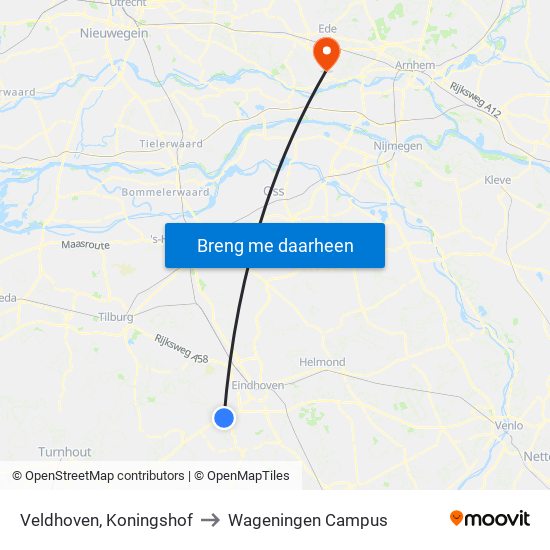 Veldhoven, Koningshof to Wageningen Campus map