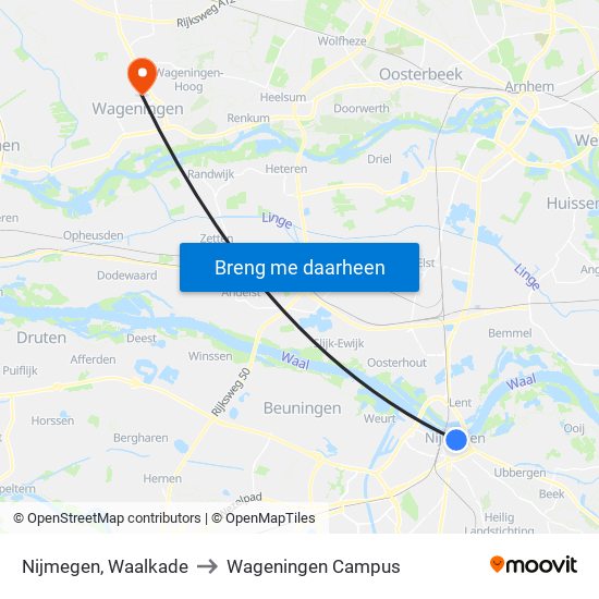 Nijmegen, Waalkade to Wageningen Campus map