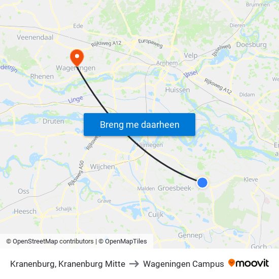 Kranenburg, Kranenburg Mitte to Wageningen Campus map