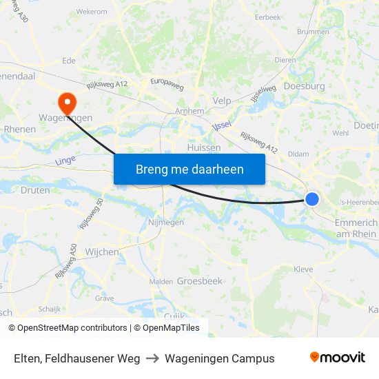 Elten, Feldhausener Weg to Wageningen Campus map