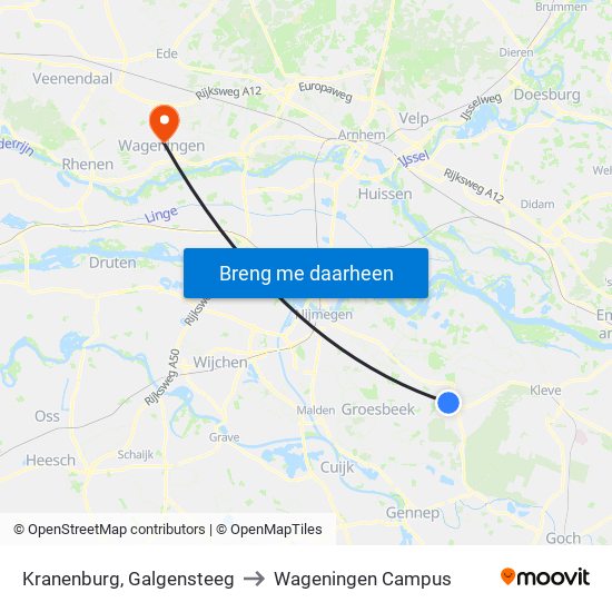 Kranenburg, Galgensteeg to Wageningen Campus map
