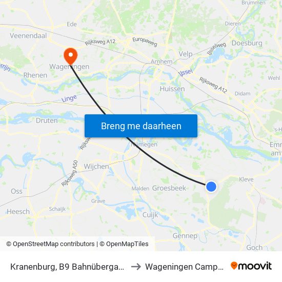 Kranenburg, B9 Bahnübergang to Wageningen Campus map