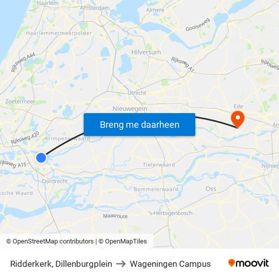 Ridderkerk, Dillenburgplein to Wageningen Campus map