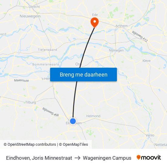 Eindhoven, Joris Minnestraat to Wageningen Campus map
